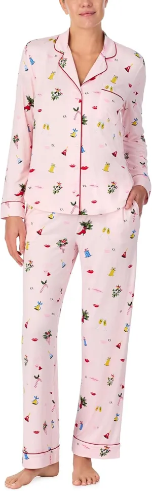 kate spade new york Women's Notch Collar Long Sleeve & Pant Pajama 2 Piece Pajama Set, Brushed Cozy Jersey