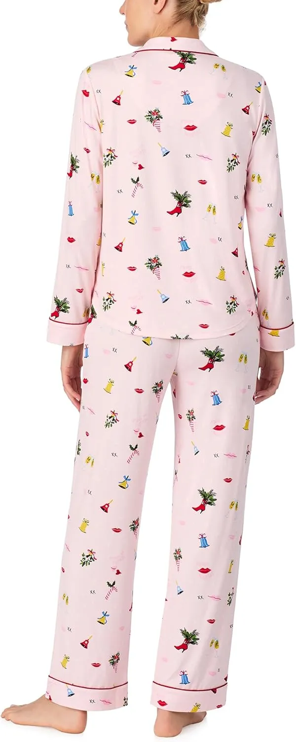 kate spade new york Women's Notch Collar Long Sleeve & Pant Pajama 2 Piece Pajama Set, Brushed Cozy Jersey