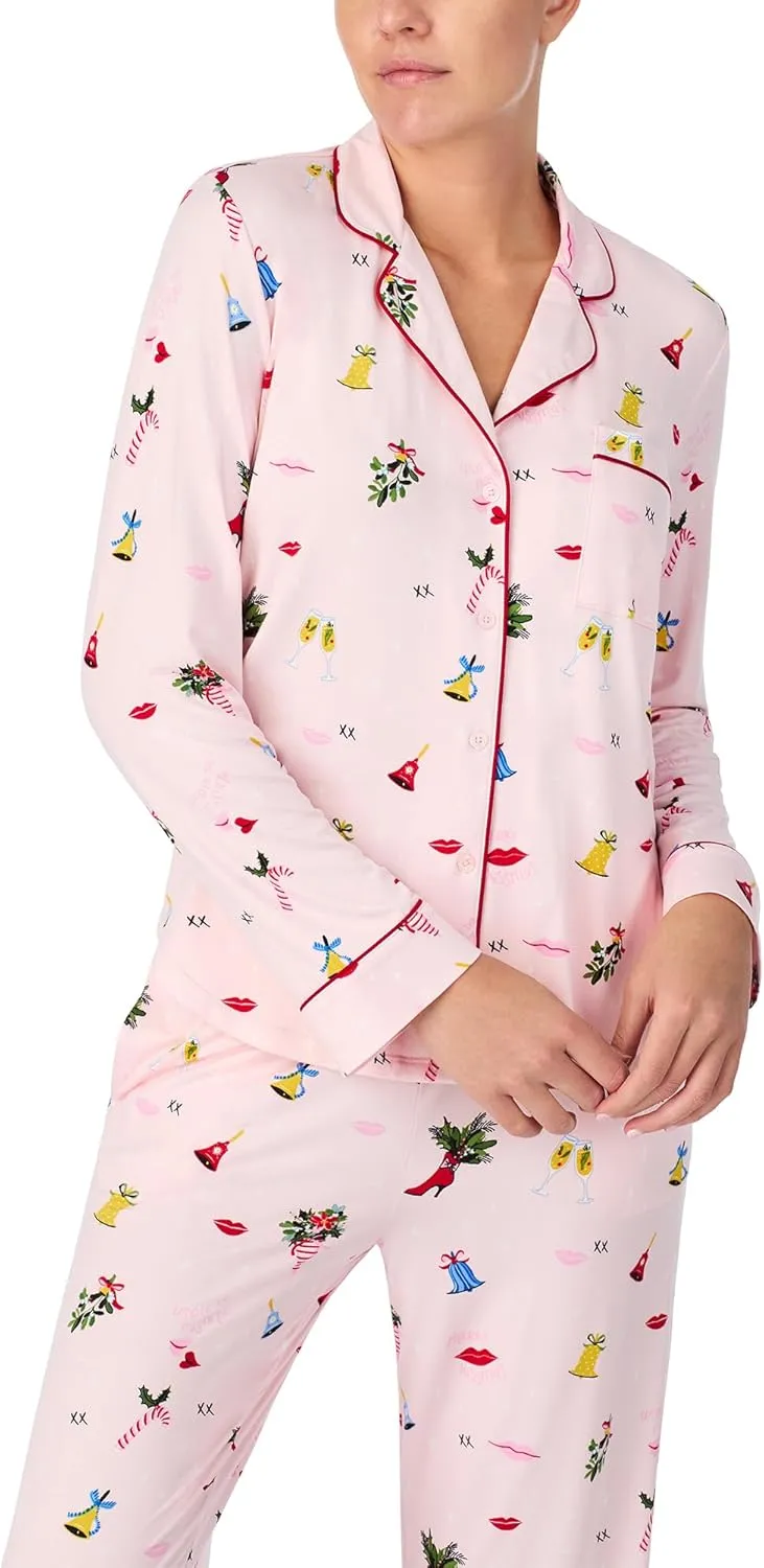 kate spade new york Women's Notch Collar Long Sleeve & Pant Pajama 2 Piece Pajama Set, Brushed Cozy Jersey