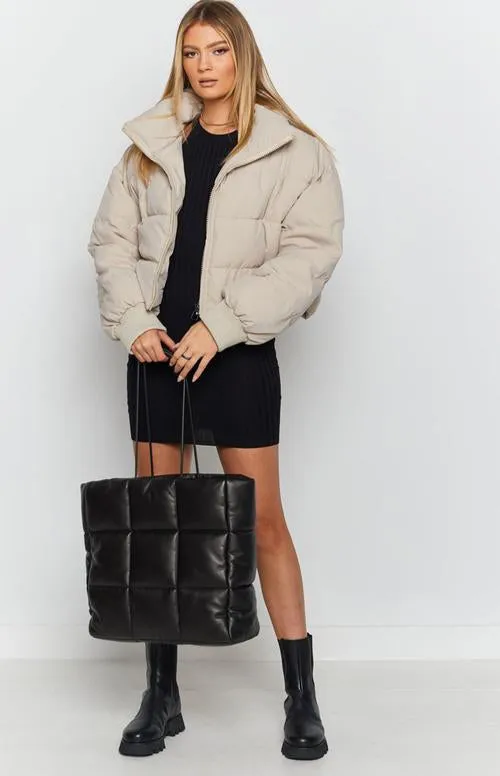 Katrina Oversize High Neck Cropped Puffer jacket - Beige