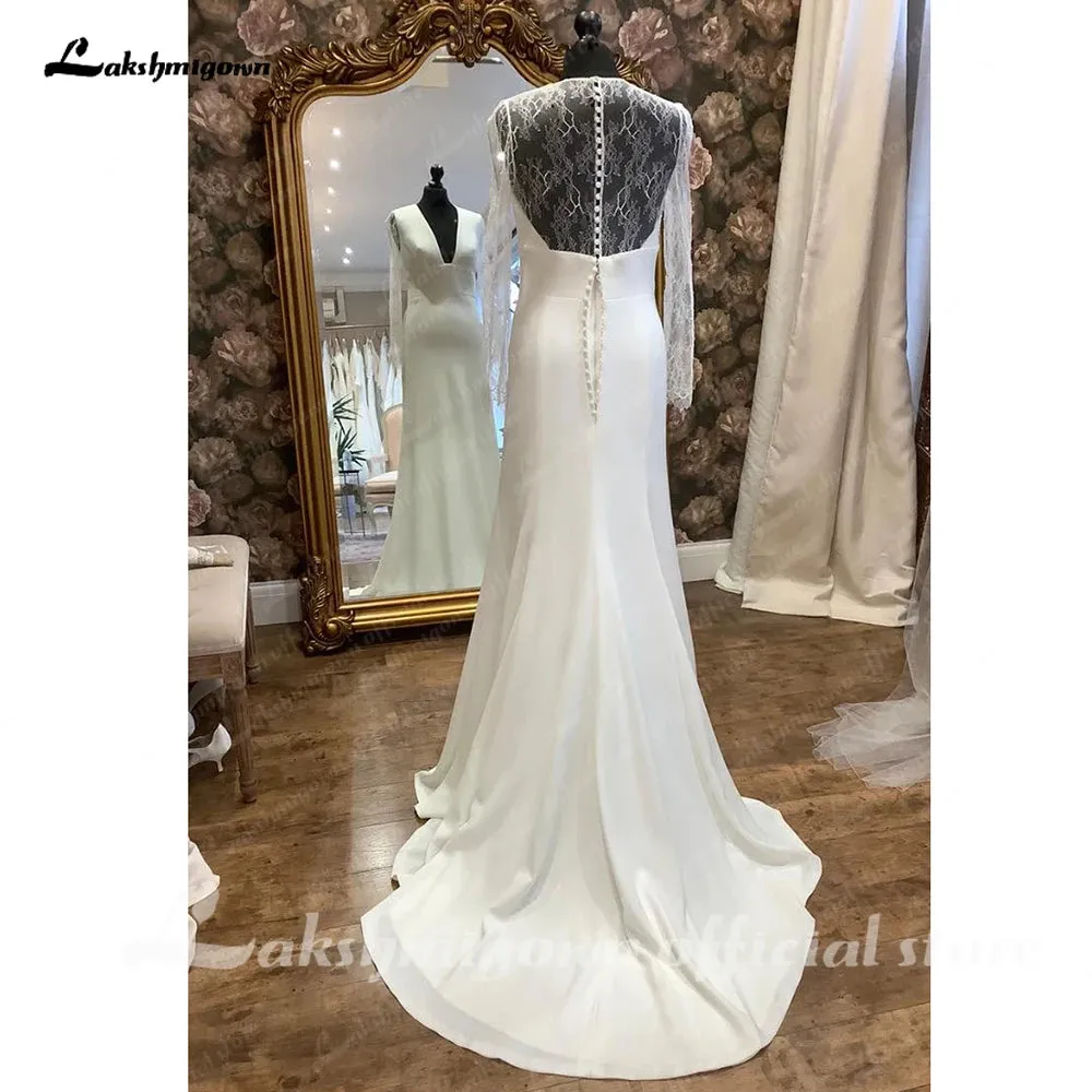 Lakshmigown Long Sleeves Boho Beach Wedding Dresses 2024 Lace Open Back Sweep Train Bridal Gown vestido de boda corte sirena