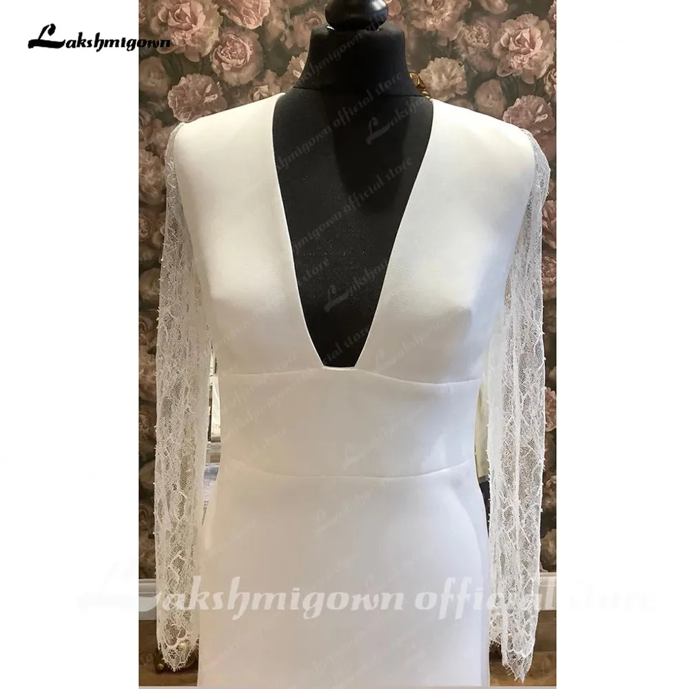 Lakshmigown Long Sleeves Boho Beach Wedding Dresses 2024 Lace Open Back Sweep Train Bridal Gown vestido de boda corte sirena