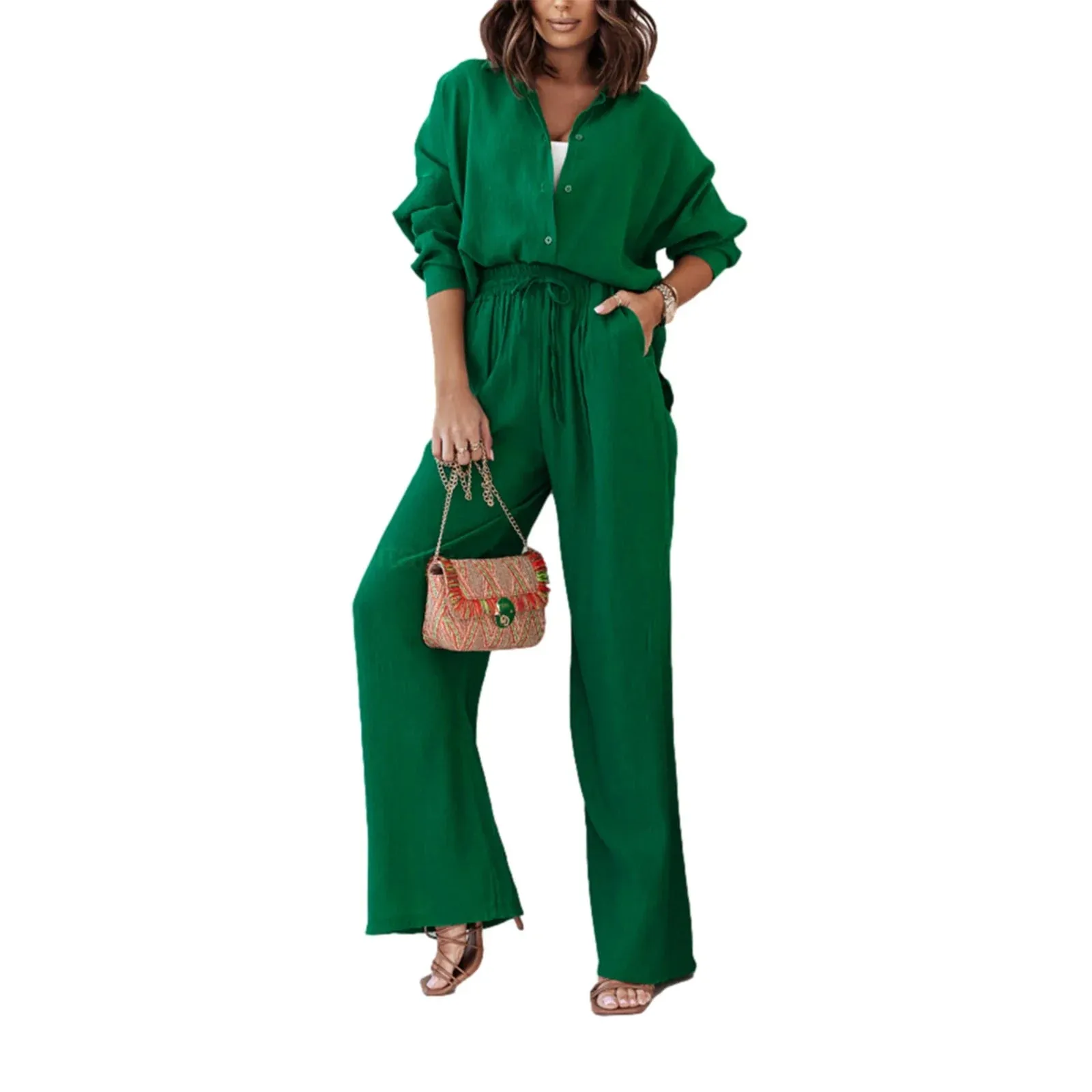 Lapel Button Down Long Sleeved High Waist Long Pants Streetwear Casual Pajamas