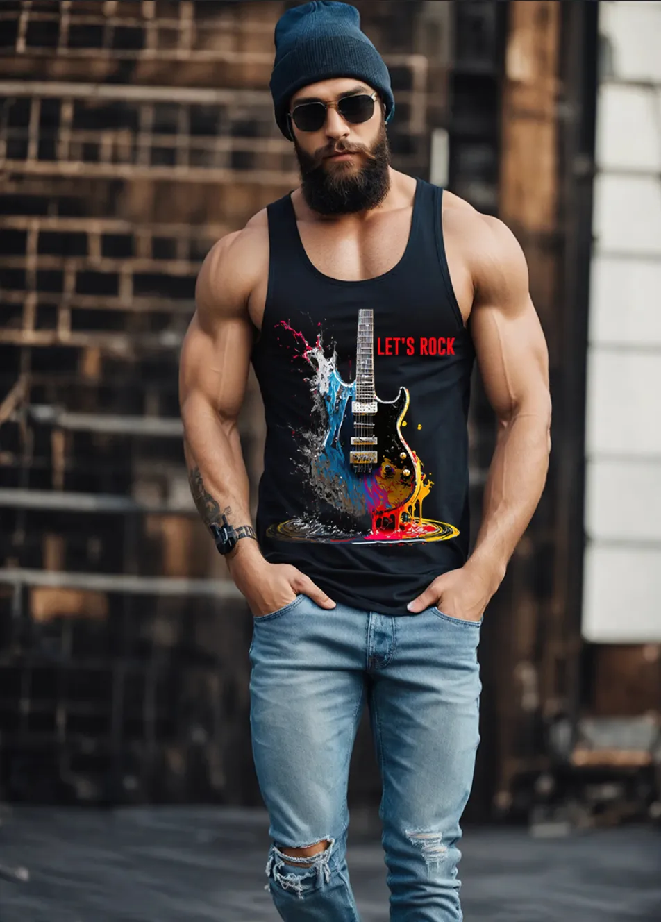 Let's Rock Electric Guitar Art Design Tank Top | Grooveman Music