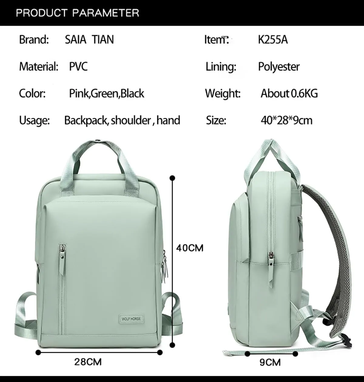 Lightweight Waterproof Travel Backpack for Women  0.6KG, 15-Inch Laptop Compartment, Anti-Theft Design, Durable & Stylish (Pink/Green/Black)