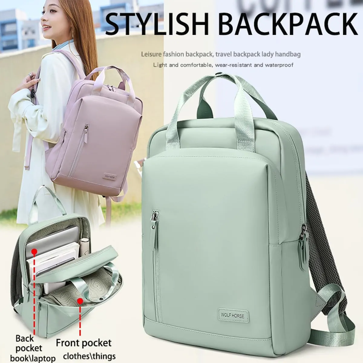 Lightweight Waterproof Travel Backpack for Women  0.6KG, 15-Inch Laptop Compartment, Anti-Theft Design, Durable & Stylish (Pink/Green/Black)