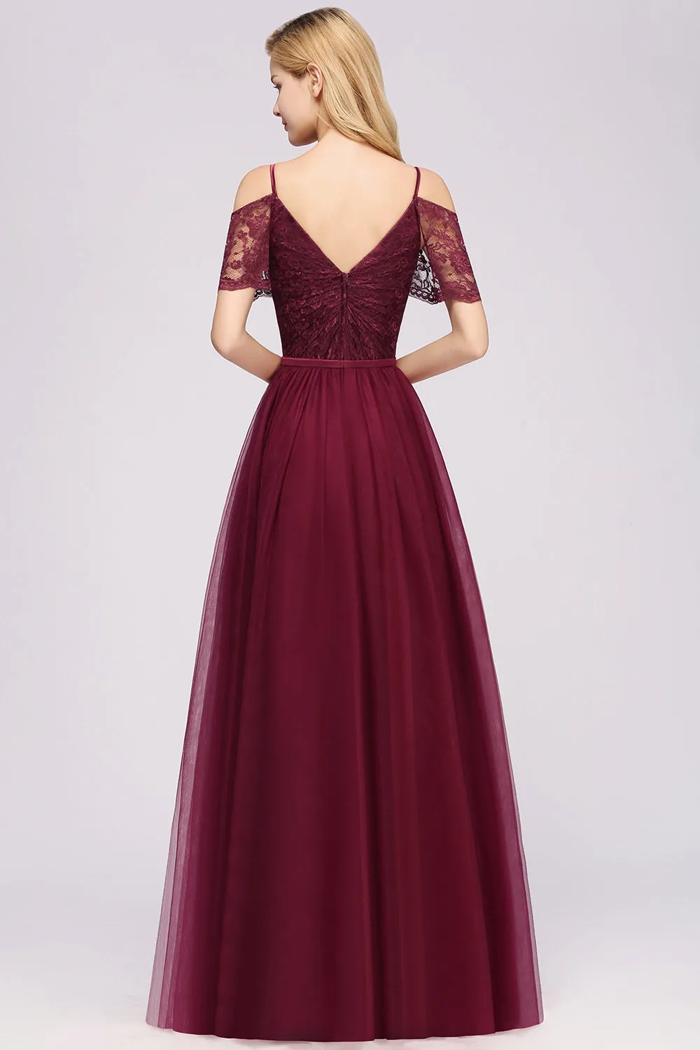 Long A-Line Chiffon Lace Sweetheart Spaghetti Straps Bridesmaid Dresses with Sleeves