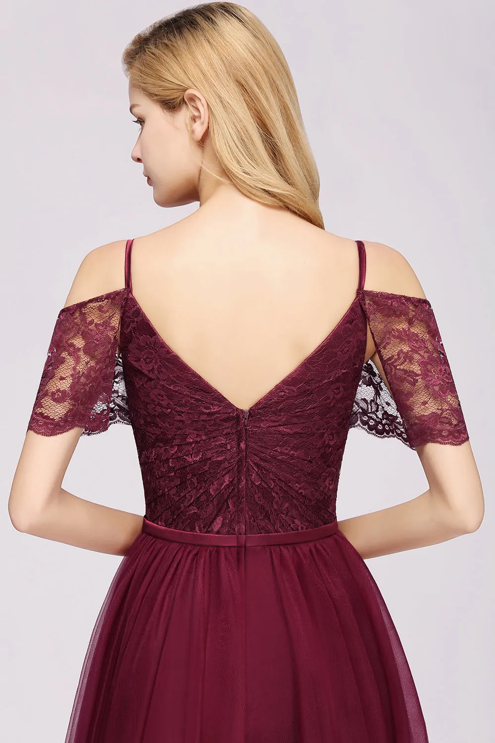 Long A-Line Chiffon Lace Sweetheart Spaghetti Straps Bridesmaid Dresses with Sleeves