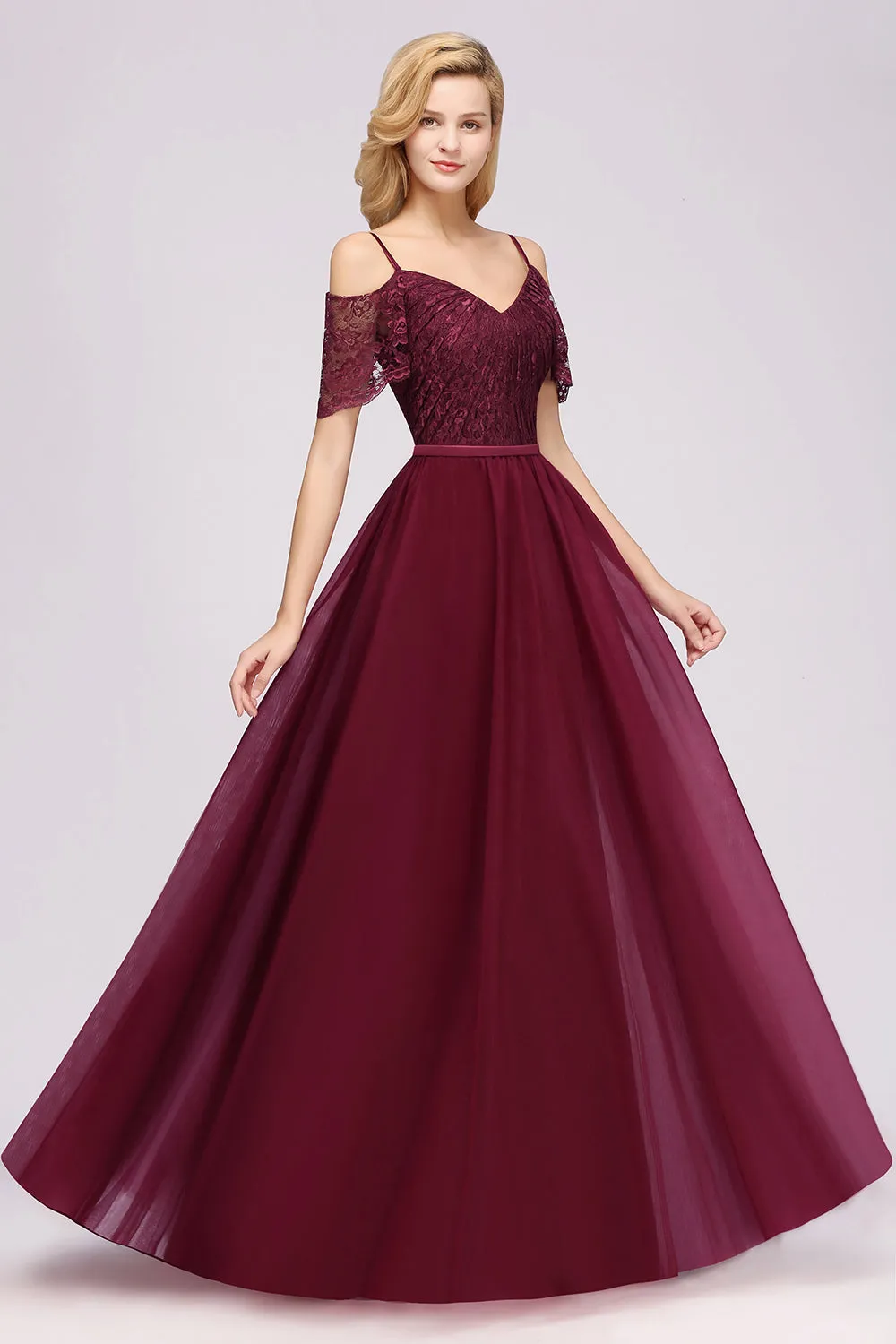 Long A-Line Chiffon Lace Sweetheart Spaghetti Straps Bridesmaid Dresses with Sleeves