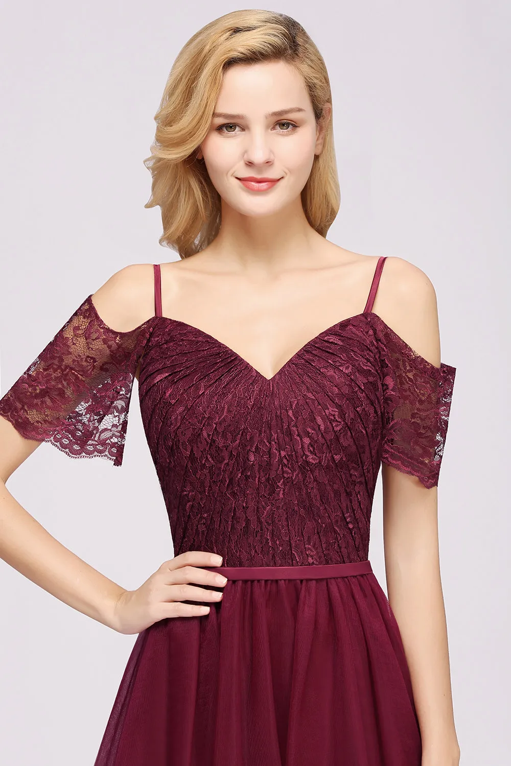 Long A-Line Chiffon Lace Sweetheart Spaghetti Straps Bridesmaid Dresses with Sleeves