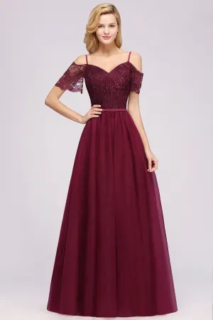 Long A-Line Chiffon Lace Sweetheart Spaghetti Straps Bridesmaid Dresses with Sleeves