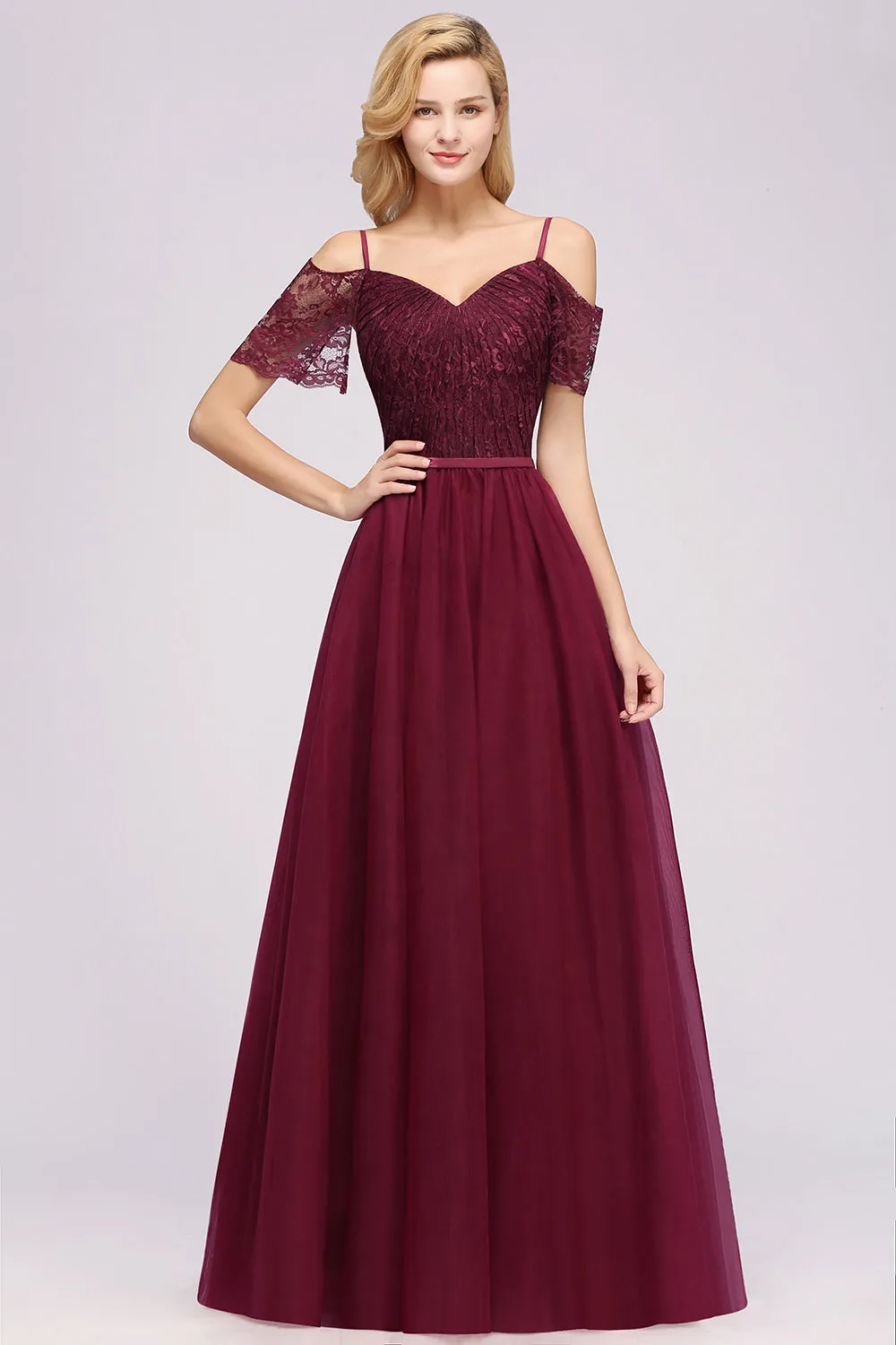 Long A-Line Chiffon Lace Sweetheart Spaghetti Straps Bridesmaid Dresses with Sleeves
