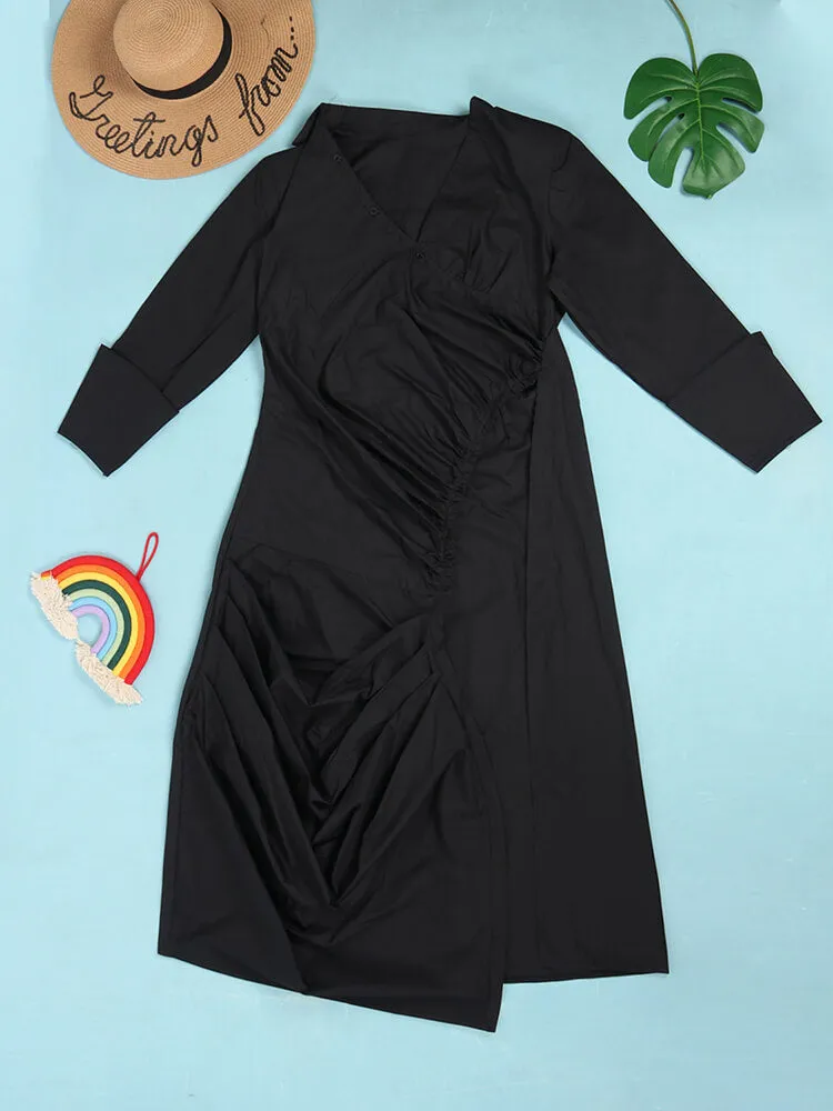 Long Sleeve V Neck Ruched Split Tops