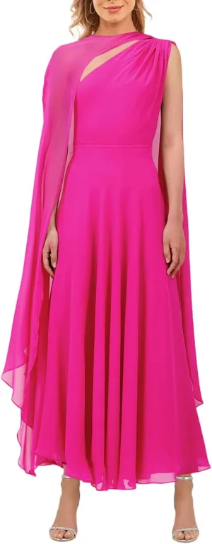 Lrady Women's Elegant Evening Gowns Crewneck One Shoulder Flowy Aline Wedding Guest Party Formal Maxi Dresses with Cape