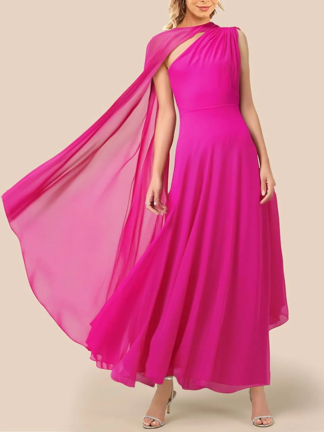 Lrady Women's Elegant Evening Gowns Crewneck One Shoulder Flowy Aline Wedding Guest Party Formal Maxi Dresses with Cape