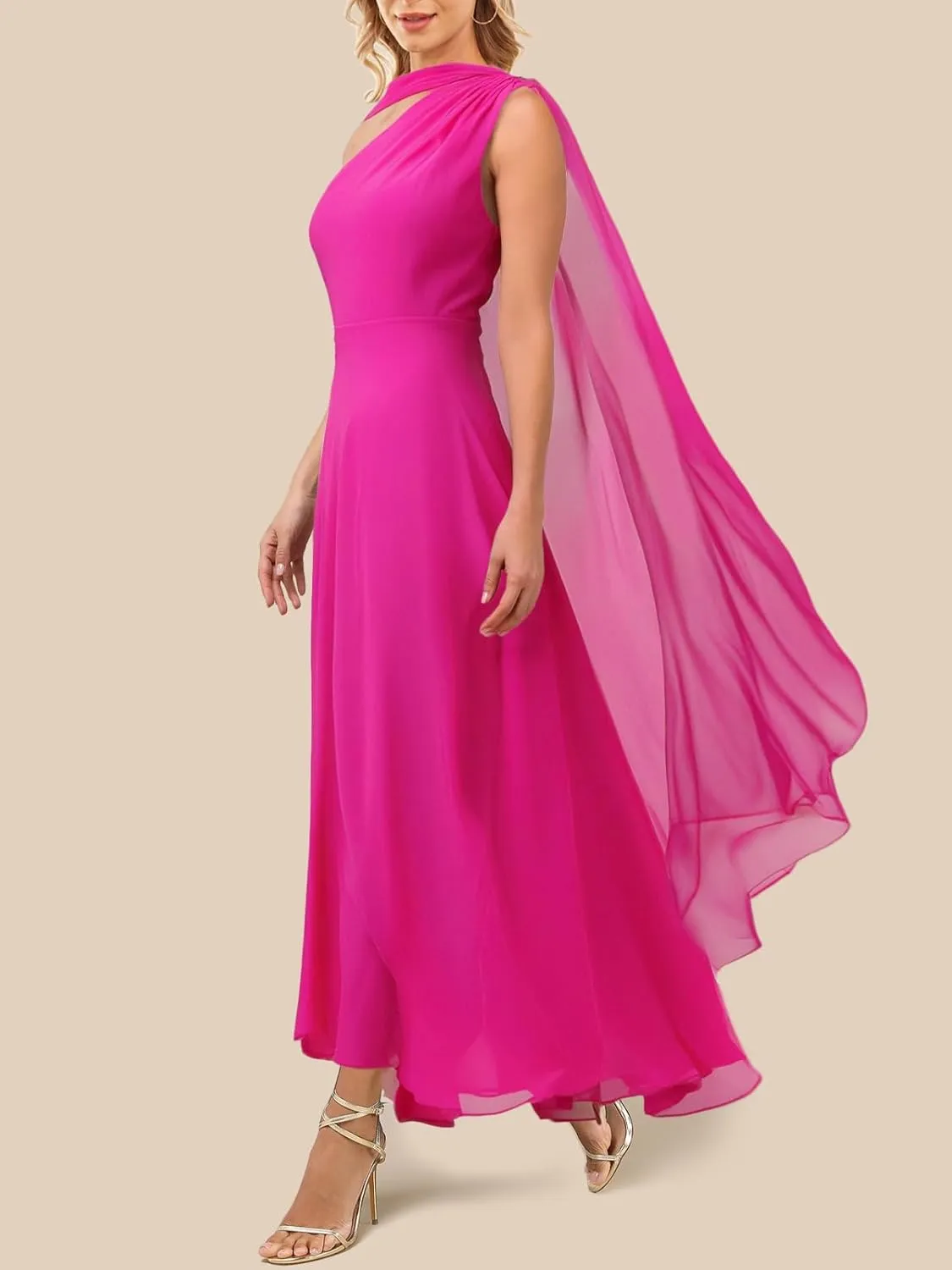 Lrady Women's Elegant Evening Gowns Crewneck One Shoulder Flowy Aline Wedding Guest Party Formal Maxi Dresses with Cape