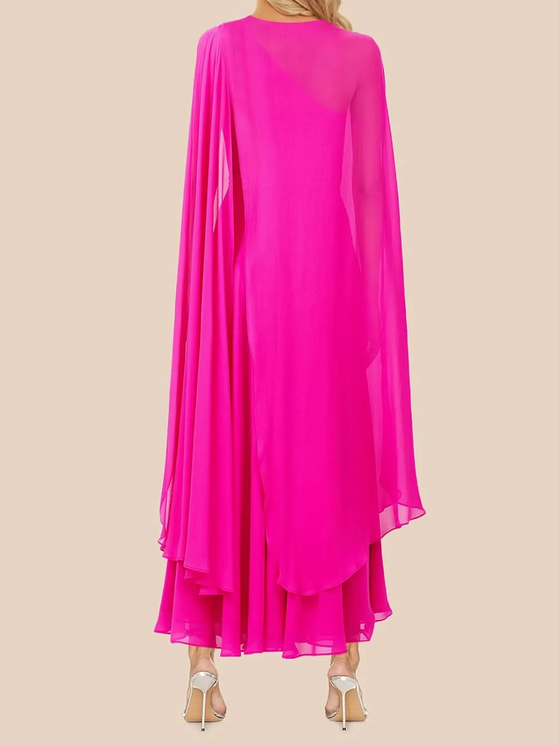 Lrady Women's Elegant Evening Gowns Crewneck One Shoulder Flowy Aline Wedding Guest Party Formal Maxi Dresses with Cape