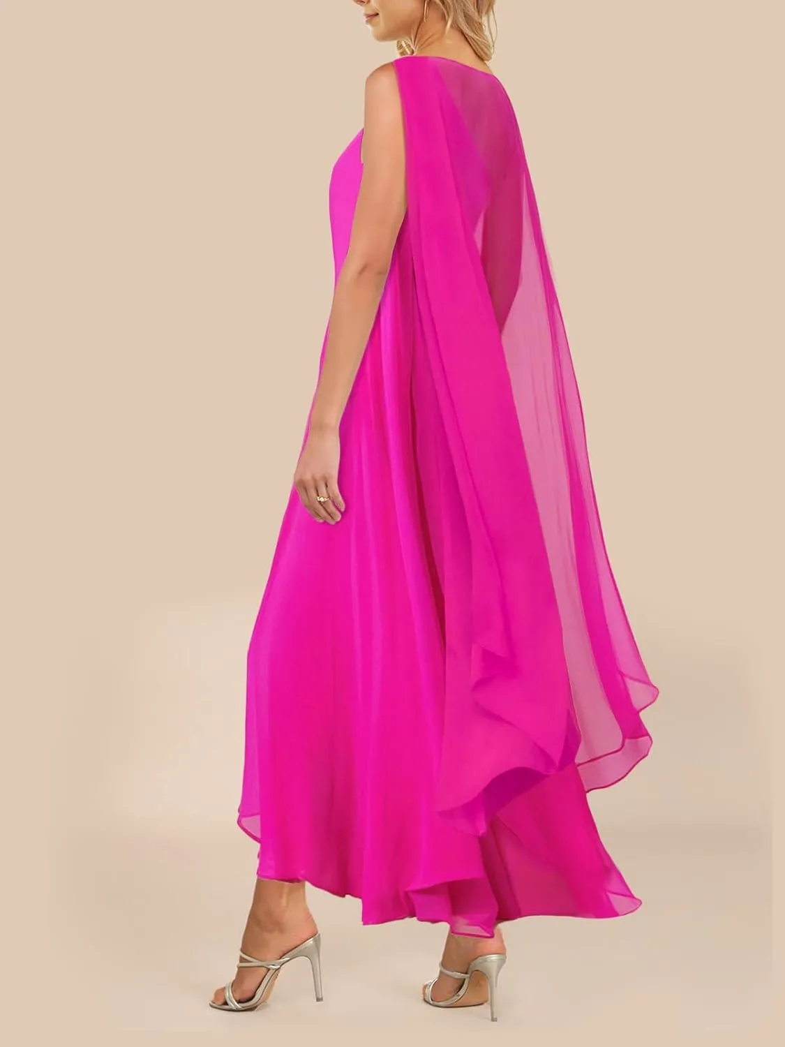 Lrady Women's Elegant Evening Gowns Crewneck One Shoulder Flowy Aline Wedding Guest Party Formal Maxi Dresses with Cape