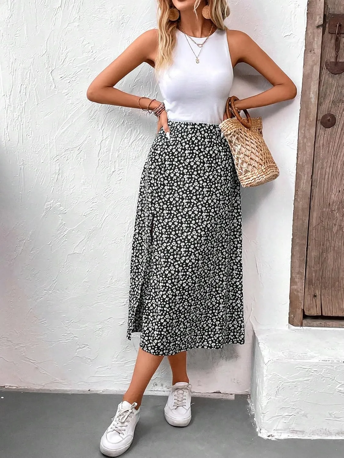 MakeMeChic Women's Floral Split Midi Skirts High Waisted Boho Casual Long Skirt