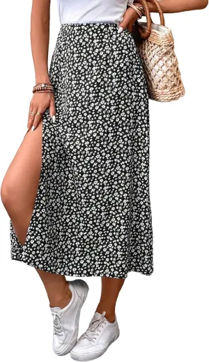 MakeMeChic Women's Floral Split Midi Skirts High Waisted Boho Casual Long Skirt
