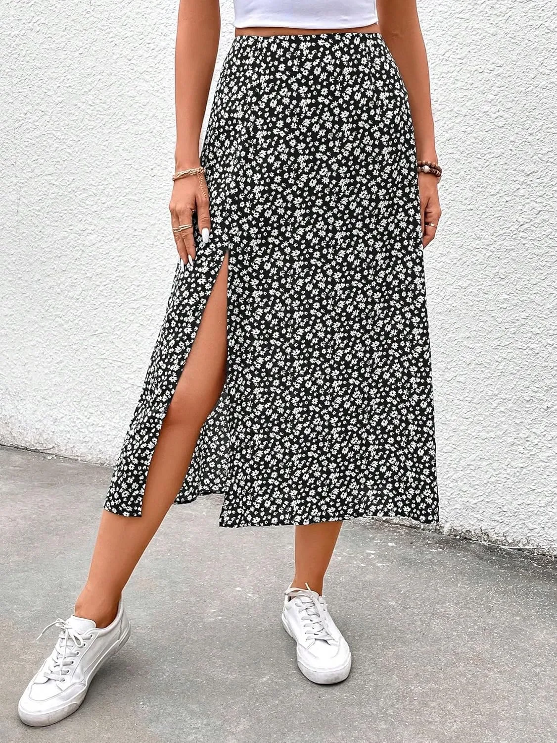 MakeMeChic Women's Floral Split Midi Skirts High Waisted Boho Casual Long Skirt