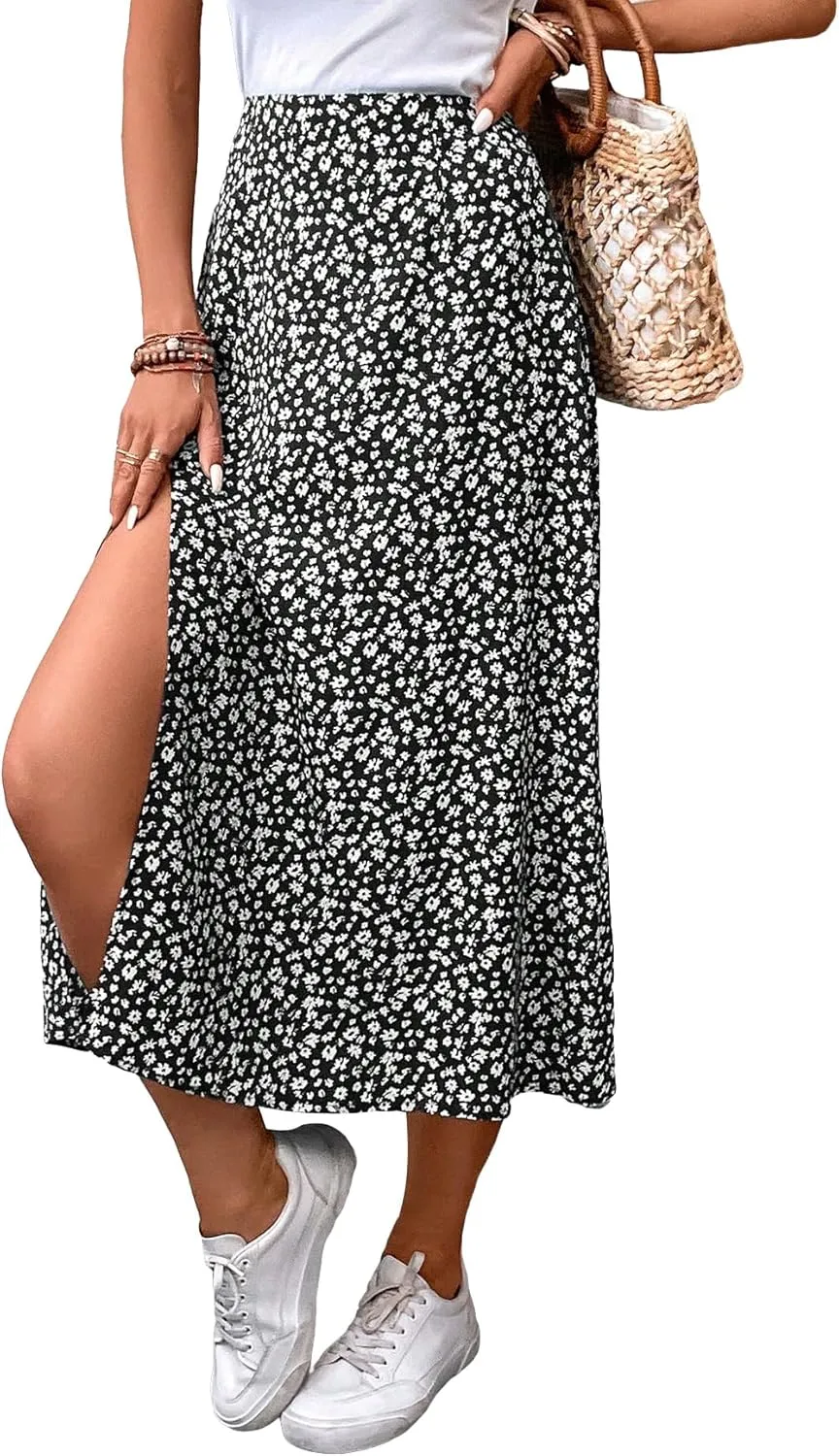 MakeMeChic Women's Floral Split Midi Skirts High Waisted Boho Casual Long Skirt