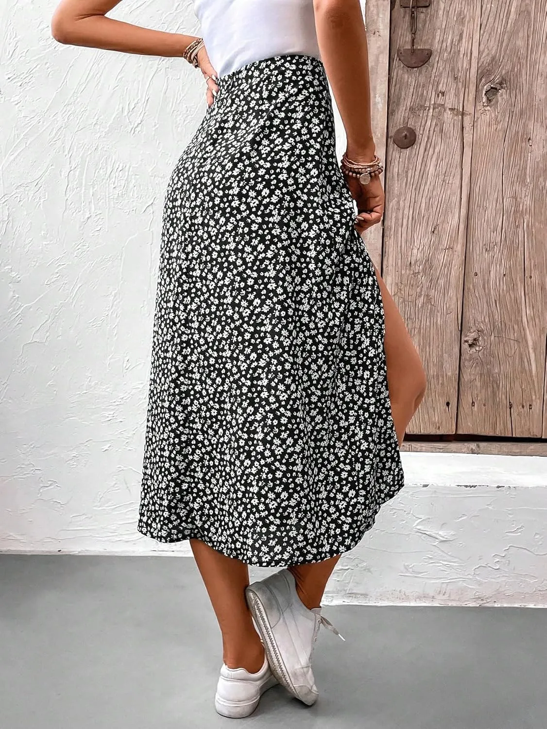 MakeMeChic Women's Floral Split Midi Skirts High Waisted Boho Casual Long Skirt