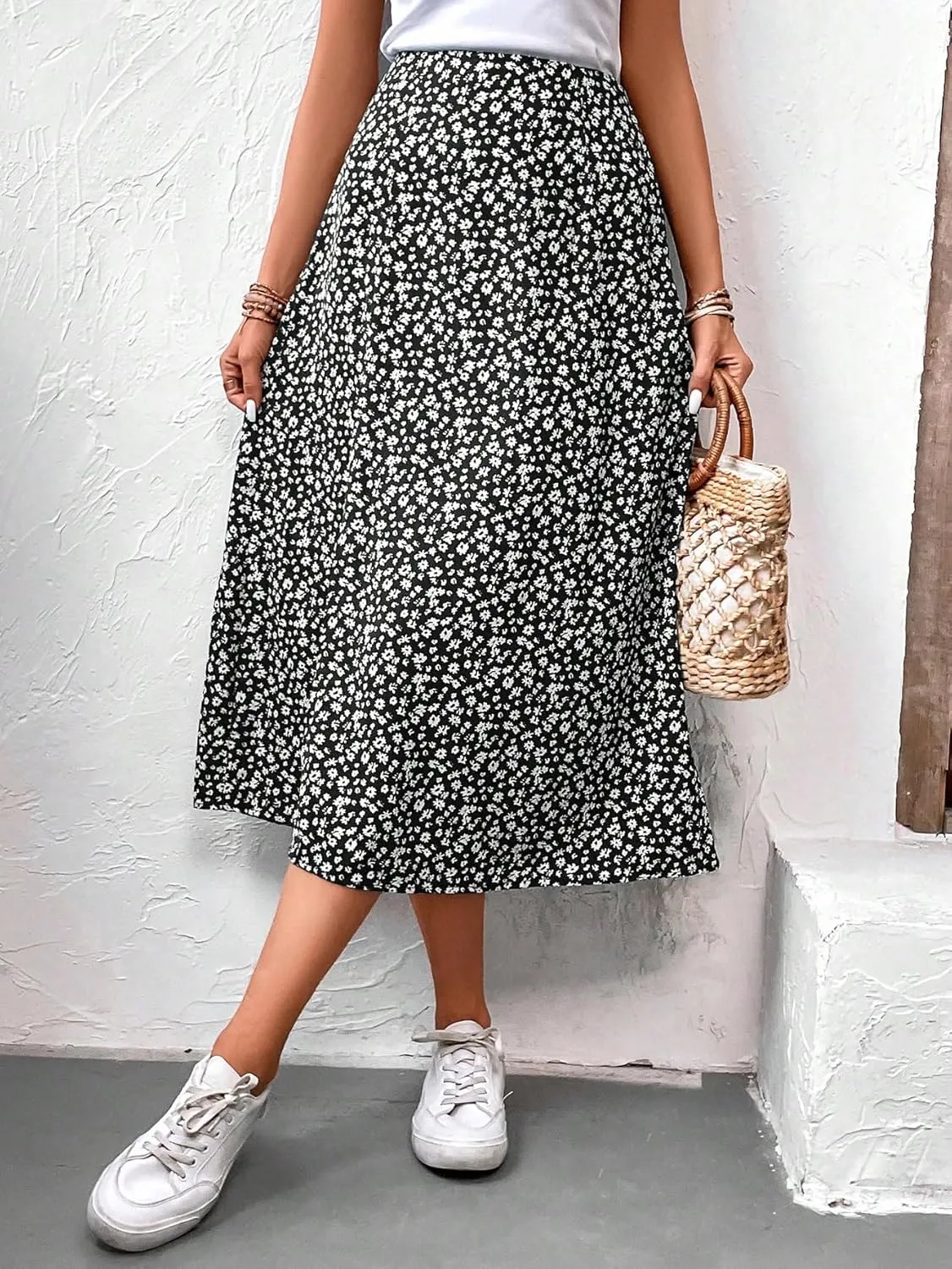 MakeMeChic Women's Floral Split Midi Skirts High Waisted Boho Casual Long Skirt