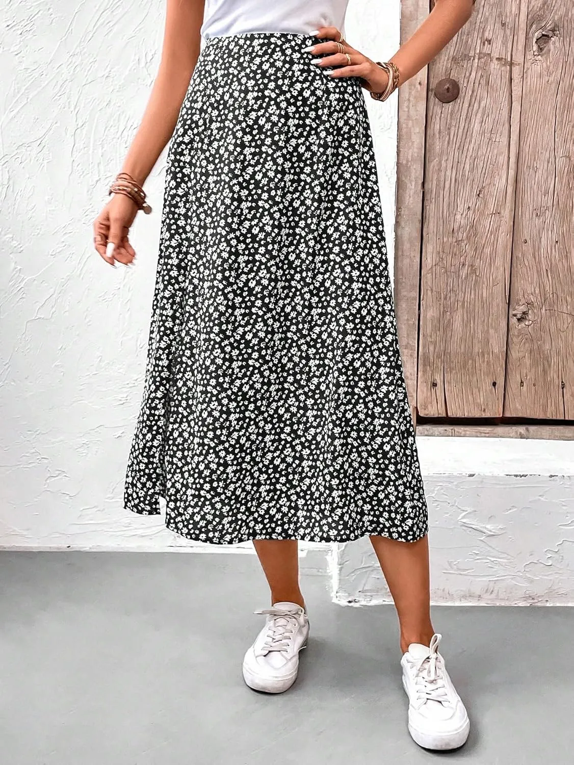 MakeMeChic Women's Floral Split Midi Skirts High Waisted Boho Casual Long Skirt