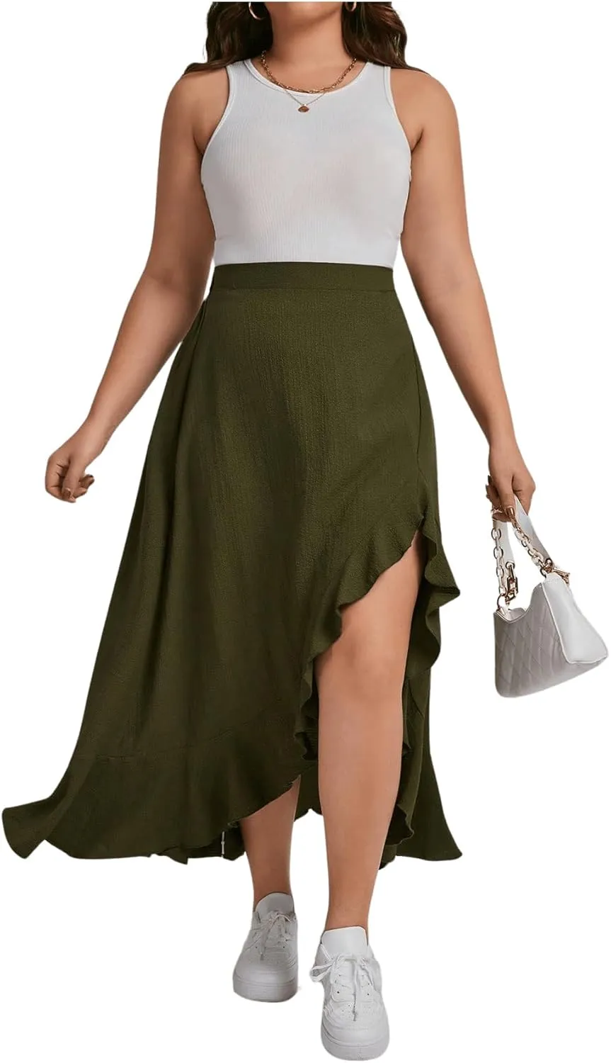 MakeMeChic Women's Plus Size Casual Ruffle Swing Skirt High Waisted High Low Hem Maxi Long Skirts