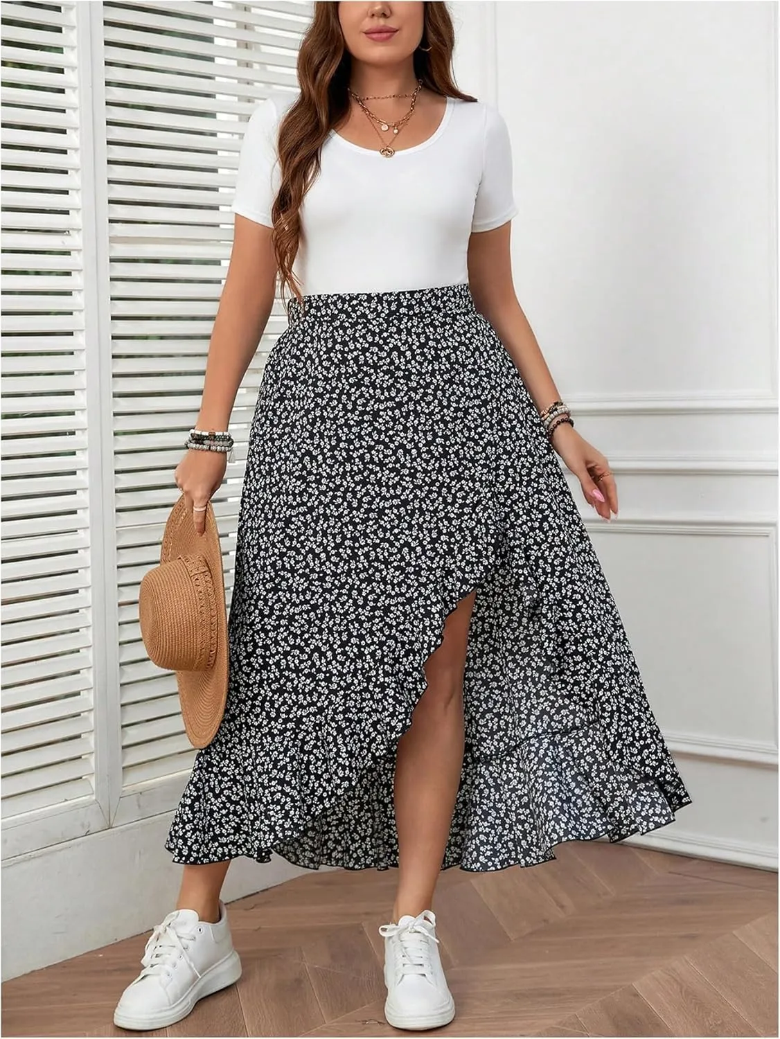 MakeMeChic Women's Plus Size Casual Ruffle Swing Skirt High Waisted High Low Hem Maxi Long Skirts
