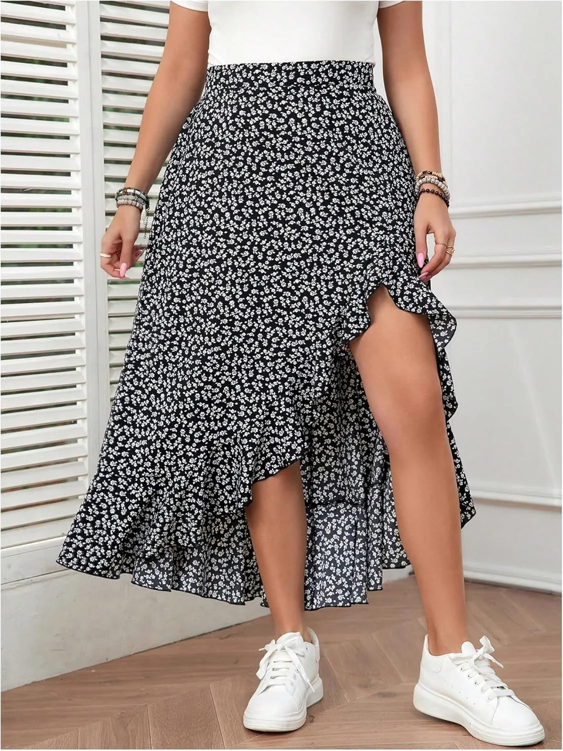 MakeMeChic Women's Plus Size Casual Ruffle Swing Skirt High Waisted High Low Hem Maxi Long Skirts