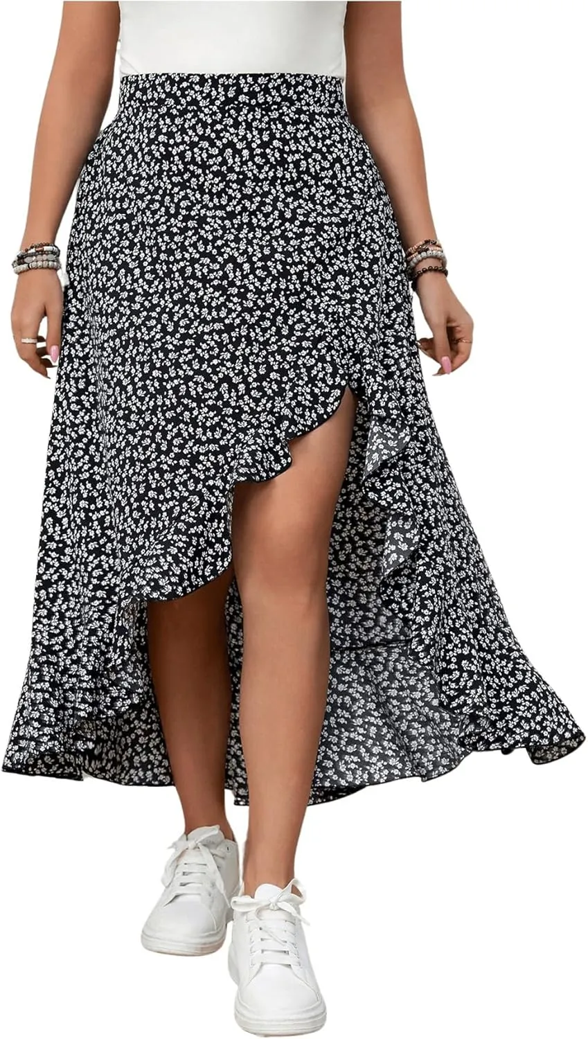 MakeMeChic Women's Plus Size Casual Ruffle Swing Skirt High Waisted High Low Hem Maxi Long Skirts