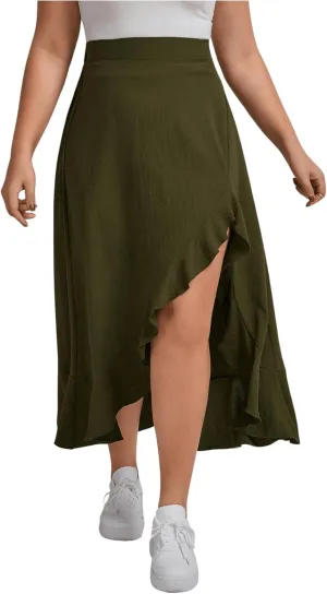 MakeMeChic Women's Plus Size Casual Ruffle Swing Skirt High Waisted High Low Hem Maxi Long Skirts