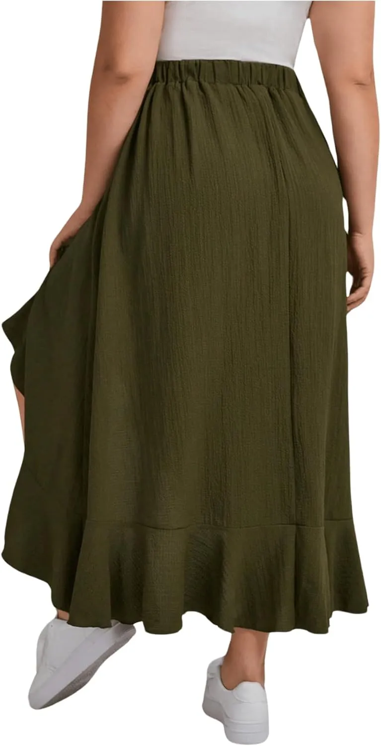 MakeMeChic Women's Plus Size Casual Ruffle Swing Skirt High Waisted High Low Hem Maxi Long Skirts