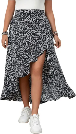 MakeMeChic Women's Plus Size Casual Ruffle Swing Skirt High Waisted High Low Hem Maxi Long Skirts