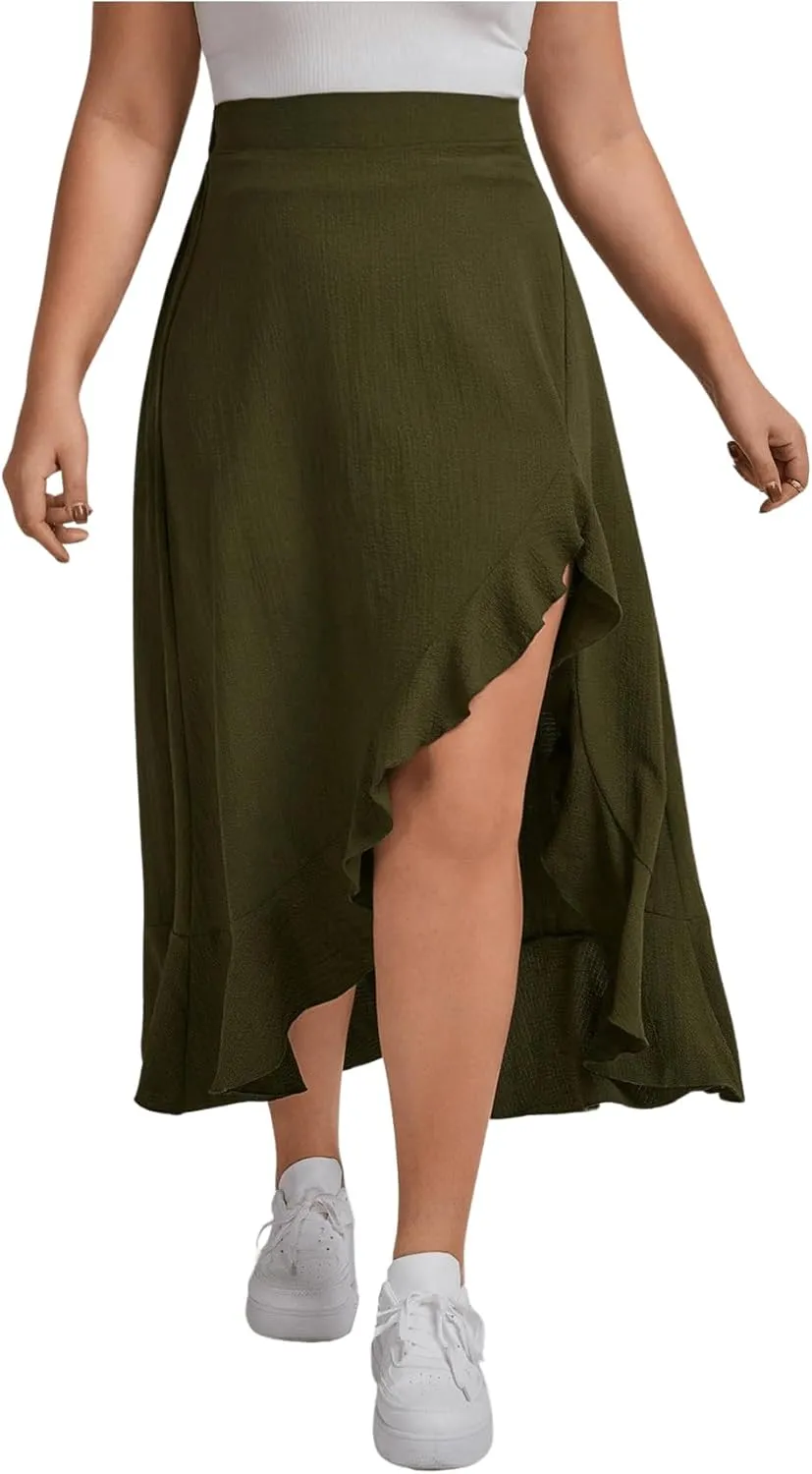 MakeMeChic Women's Plus Size Casual Ruffle Swing Skirt High Waisted High Low Hem Maxi Long Skirts