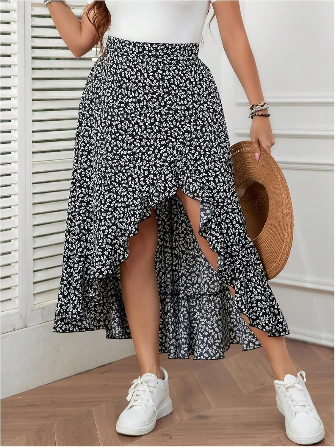 MakeMeChic Women's Plus Size Casual Ruffle Swing Skirt High Waisted High Low Hem Maxi Long Skirts