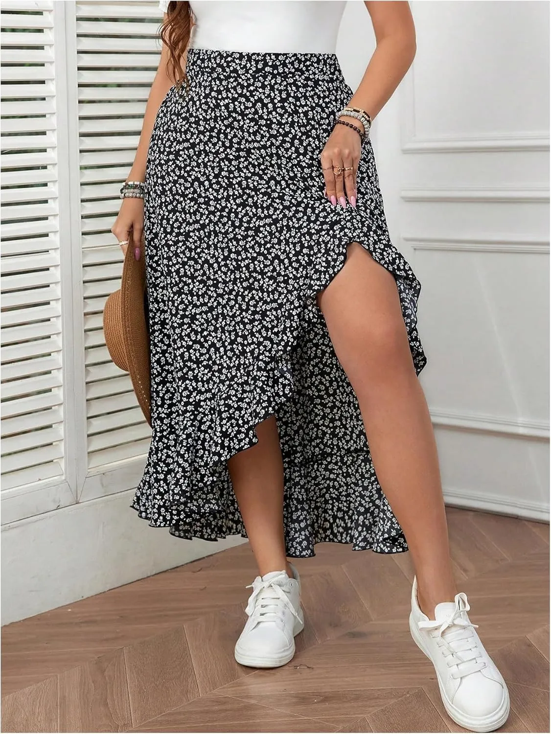 MakeMeChic Women's Plus Size Casual Ruffle Swing Skirt High Waisted High Low Hem Maxi Long Skirts