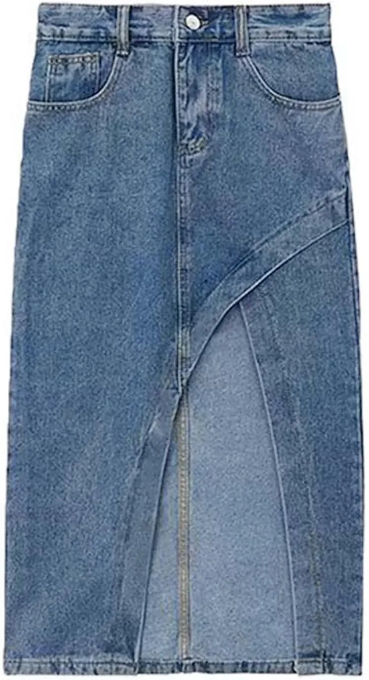 Maxi Skirts for Women Elegant High Waisted Denim Skirt for Women Summer Chic Asymmetrical Split Hem Slimming Midi