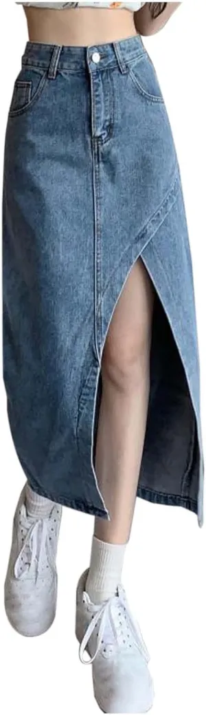 Maxi Skirts for Women Elegant High Waisted Denim Skirt for Women Summer Chic Asymmetrical Split Hem Slimming Midi