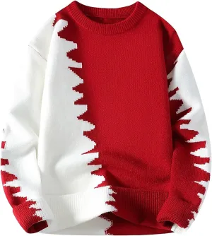 Mens Crewneck Sweater Pullover Color Block Patchwork Ribben Knited Sweaters Lightweight Long Sleeve Streetwear Tops