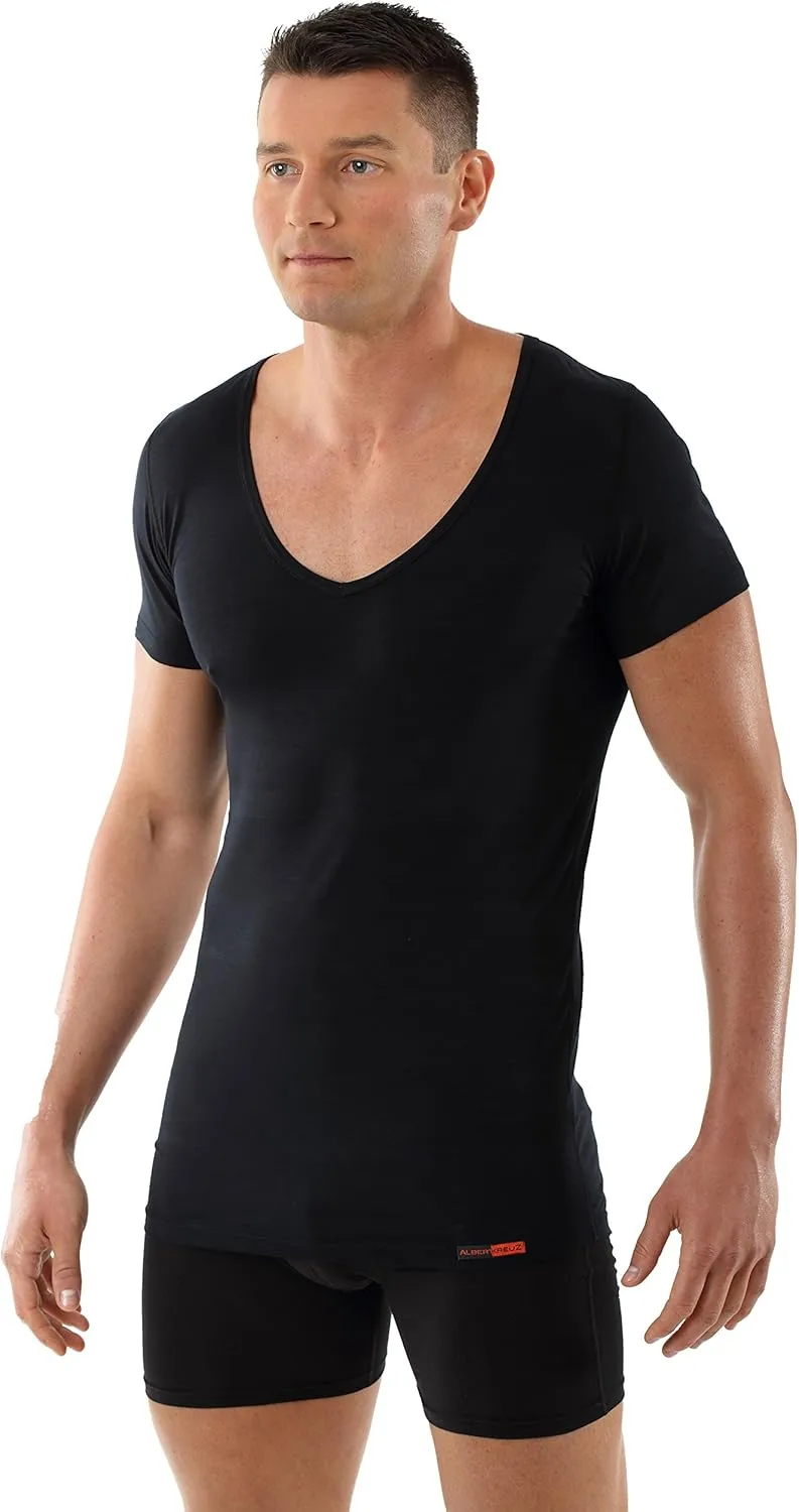 Men's deep v-Neck Business Undershirt with Short Sleeves Micromodal Light Black