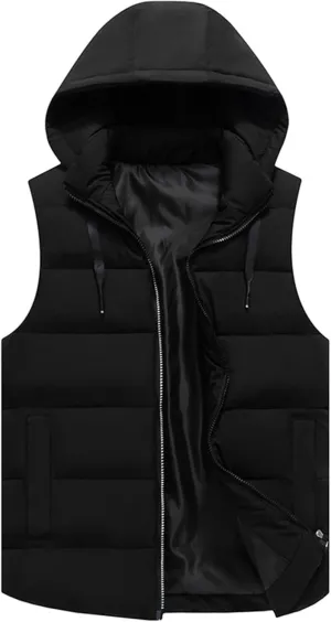 Men's Hooded Cotton Padded Vest Winter Warm Lightweight Quilted Coat Vest Casual Zip Up Thick Sleeveless Jacket