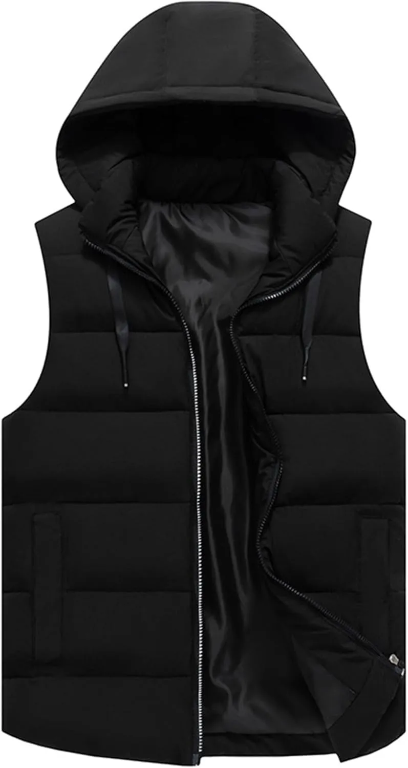 Men's Hooded Cotton Padded Vest Winter Warm Lightweight Quilted Coat Vest Casual Zip Up Thick Sleeveless Jacket