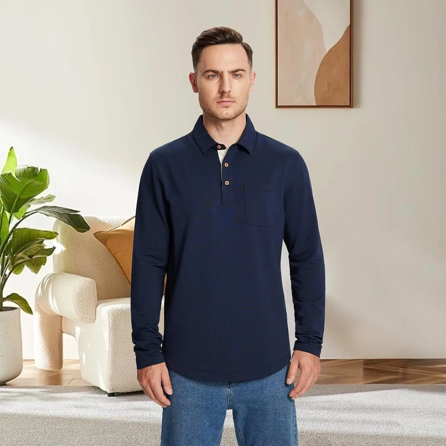 Mens Long and Short Sleeve Polo Shirts Pocket Casual Solid Cotton Blend Drop Cut Collared Polo Shirts for Men