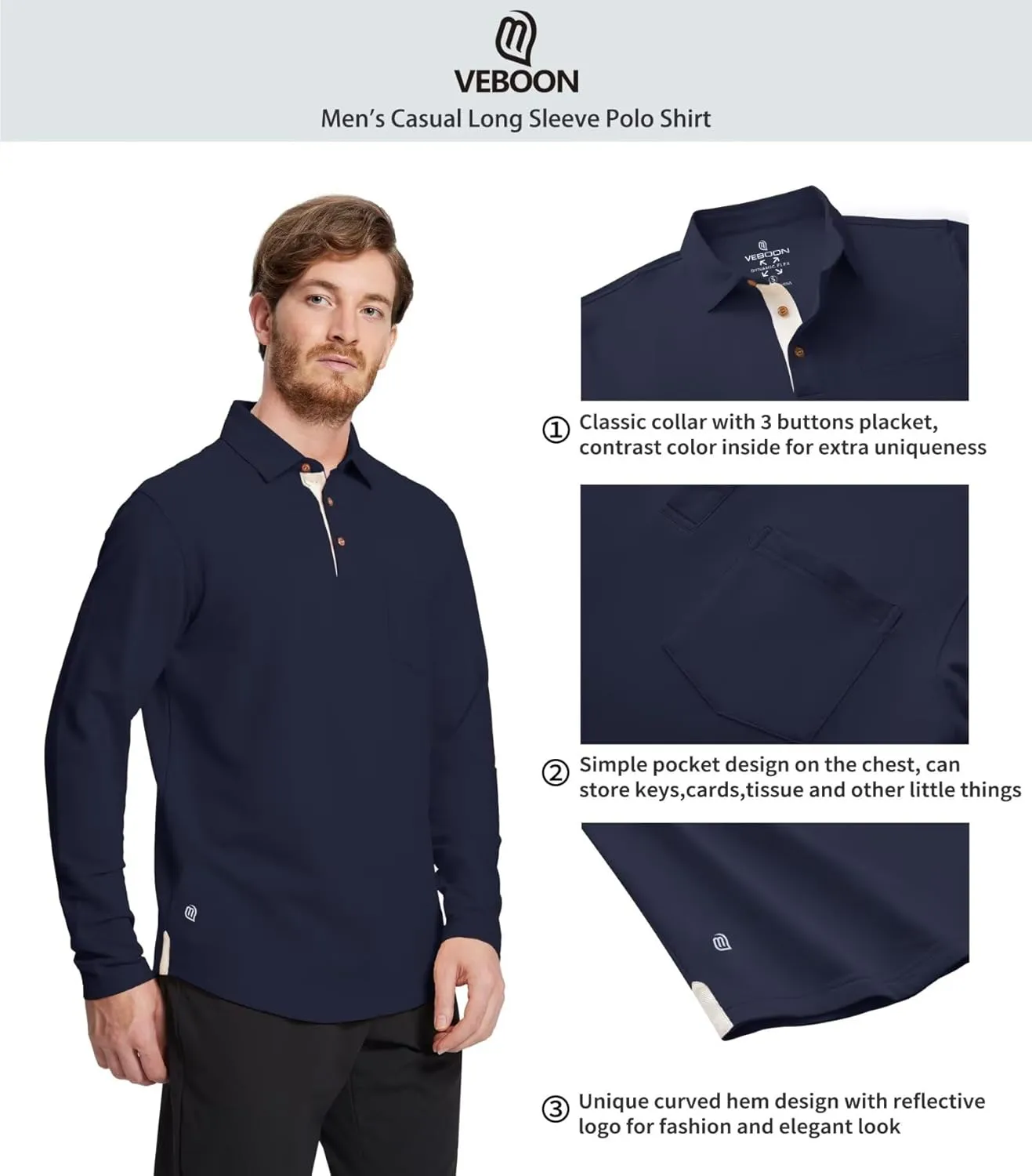 Mens Long and Short Sleeve Polo Shirts Pocket Casual Solid Cotton Blend Drop Cut Collared Polo Shirts for Men