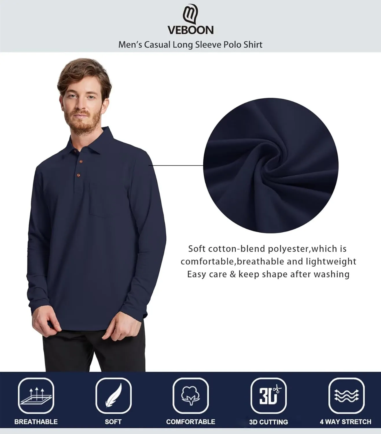 Mens Long and Short Sleeve Polo Shirts Pocket Casual Solid Cotton Blend Drop Cut Collared Polo Shirts for Men