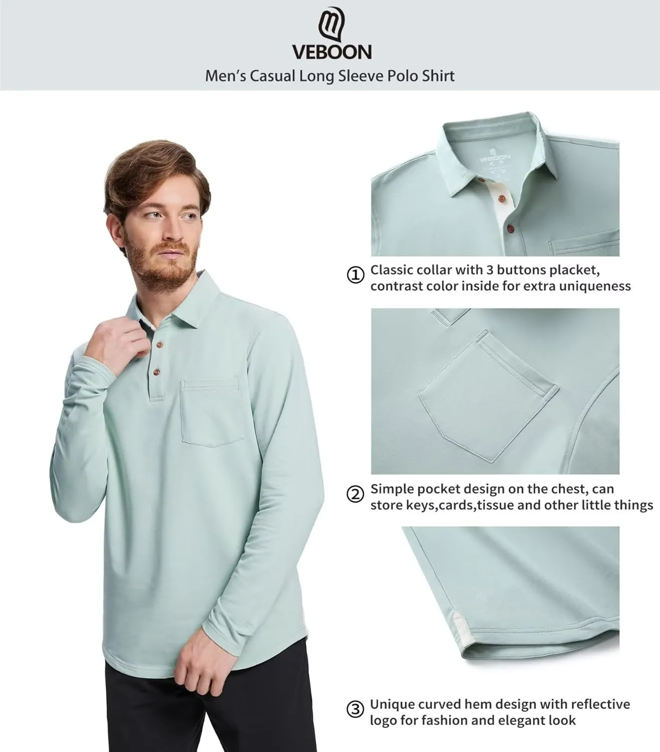Mens Long and Short Sleeve Polo Shirts Pocket Casual Solid Cotton Blend Drop Cut Collared Polo Shirts for Men