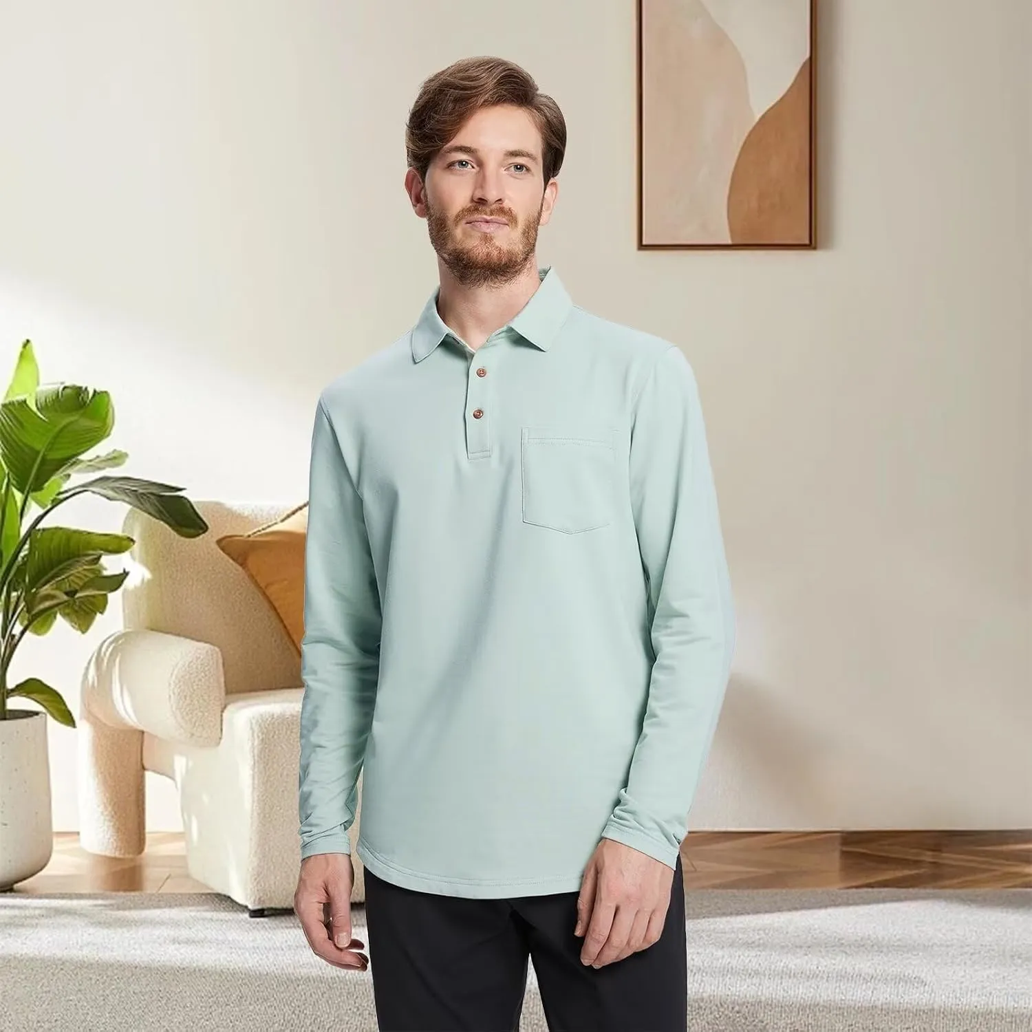 Mens Long and Short Sleeve Polo Shirts Pocket Casual Solid Cotton Blend Drop Cut Collared Polo Shirts for Men